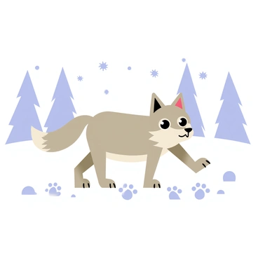 A small wolf with a fluffy gray coat is making paw prints in freshly fallen white snow. The wolf's ears are perked up, and its eyes are bright and alert. Each paw print is clearly visible, leaving a trail behind it. In the background, snow-covered trees outline the serene winter landscape, and gentle snowflakes are falling from the sky, adding to the wintry scene. The wolf appears to be playfully exploring its snowy environment.