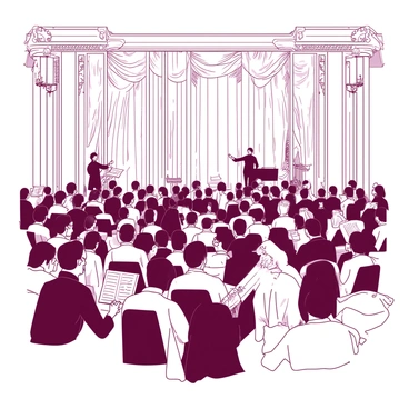 A grand concert hall is filled with an audience seated closely together, all listening in rapt attention to the performance on stage. The audience members are dressed elegantly, with formal attire in various shades. The stage is adorned with large, ornate curtains in the background, partially drawn to reveal musicians playing different instruments. The musicians are focused, their expressions conveying passion as they create consonant melodies. The interior of the concert hall features intricate architectural details, with high ceilings and elegant chandeliers illuminating the scene, casting soft light over the appreciative faces in the audience. The atmosphere is vibrant, filled with the energy of live music.