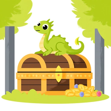 A small dragon perched protectively over a treasure chest in the woods