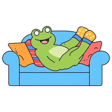 A playful green frog with large, round eyes is lounging on a cozy couch. The frog is wearing two different colorful patterned socks, one featuring red and blue stripes and the other with yellow polka dots. Its limbs are stretched out comfortably on the couch, and it has a cheerful expression on its face. The couch is a bright shade of blue with a soft texture, and there are several colorful pillows scattered around, adding to the playful atmosphere.