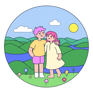 Pazu and Sophie sharing a heartfelt moment on the edge of a cliff, overlooking a breathtaking landscape.