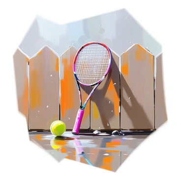 A badminton racket with a slightly glossy surface, indicating moisture, is leaning against a wooden fence. The fence is weathered, showcasing its texture and grain. Raindrops are falling around, splattering on the ground, and creating small puddles nearby. The sky above is overcast, adding a sense of gloominess to the scene, while a few droplets cling to the strings of the racket, enhancing the wet appearance.