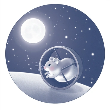 A small hamster is diligently running in its exercise wheel. The wheel is mounted securely within its habitat, with the hamster's tiny paws moving rapidly. Above, a vast night sky is filled with numerous stars twinkling brightly. A large, glowing moon illuminates the scene, casting soft light on the hamster and the surrounding area, enhancing the contrast between the wheel and the backdrop of the dark sky. The overall composition captures a moment of the hamster's energetic activity against the serene night atmosphere.