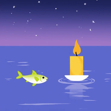 A minnow is swimming gracefully in the water, its small body shimmering with hints of silver and green. Nearby, a floating candle glows softly, casting a warm, flickering light. The water around them reflects the light, creating gentle ripples. It's twilight, and the sky above transitions from deep blue to soft purple, with scattered stars beginning to appear. The atmosphere is calm and tranquil, highlighting the serene interaction between the minnow and the candle.