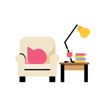 A cozy corner featuring a comfortable armchair with a plush cushion. Next to the armchair is a small wooden side table holding a stack of colorful books. A clear glass of red wine sits atop the table, reflecting the warm light. A small lamp with a soft yellow glow is positioned nearby, illuminating the corner and creating an inviting atmosphere.