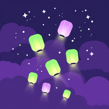 A group of floating lanterns rises into the night sky. Each lantern emits a warm glow, illuminating the dark surroundings. The lanterns are gently drifting upward, creating a serene path against the backdrop of a deep indigo sky. Above them, star spren twinkle, resembling small stars scattered throughout the cosmos. The scene captures the beauty of the lanterns as they mingle with the shimmering lights, creating a magical atmosphere of illumination and wonder.