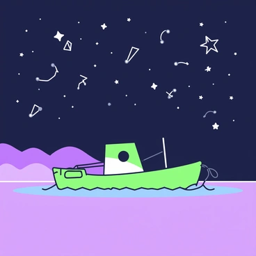 A barge is anchored on calm water, silhouetted against the night sky. The barge has a simple, rustic design with a small cabin at one end and ropes tied securely to posts. Above the barge, a starlit sky stretches out, revealing numerous constellations with distinct shapes. Each star shines brightly, twinkling softly against the dark backdrop. The water below reflects the faint glow of the stars, creating a shimmering effect around the barge. In the distance, faint outlines of hills can be seen under the starlit sky.