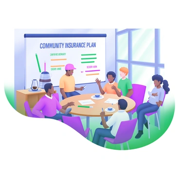 A community center interior filled with a group of people engaged in a discussion about a "Community Insurance Plan." In the center, a round table is surrounded by diverse individuals, some taking notes while others are animatedly sharing ideas. A large whiteboard in the background displays key points about the plan, with colorful markers illustrating different aspects. Natural light pours in through large windows, illuminating the room. A coffee station is set up in one corner, with cups and a coffee pot visible.