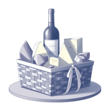An elegantly arranged gift hamper placed on a wooden table. The hamper is woven with intricate patterns and is filled with various items. A bottle of wine stands prominently in the center, featuring a classic label, surrounded by carefully placed cheese wedges of different shapes and sizes. Several pieces of chocolate, wrapped in foil, are nestled among the cheeses, adding a touch of indulgence to the presentation. The entire composition is topped with a delicate ribbon, tying the assortment together.