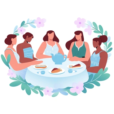 A group of friends is gathered around a small round table set for a tea party. Each friend is wearing a unique vintage dress from the 1920s, showcasing various patterns and colors typical of that era. The dresses feature flapper styles, with intricate beadwork and fringes. The table is adorned with an elegant floral tablecloth, and there are delicate porcelain tea cups and a teapot at the center. Surrounding the table are dainty plates filled with assorted pastries and sandwiches. Lush greenery and colorful flowers frame the scene, enhancing the cheerful atmosphere of the gathering.