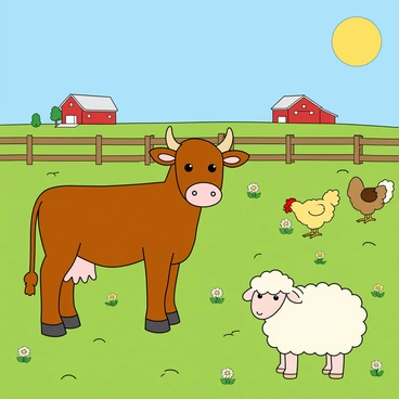 A bright and cheerful farm scene set in a sunny field with green grass and a clear blue sky. In the foreground, a friendly brown cow stands with a big smile, looking towards the viewer. Nearby, a fluffy white sheep grazes peacefully, its woolly coat appearing soft and puffy. Scattered around are several colorful chickens with yellow, brown, and white feathers, pecking at the ground for seeds. A wooden fence borders the field, and in the distance, there are a few simple red barns under the sun. Bright wildflowers dot the field, adding splashes of color.