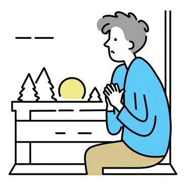 An elderly man with gray hair and a weathered face sits on a wooden porch. He is dressed in a light blue shirt and khaki pants. His hands are clasped together in front of him as he prays quietly. The sun sets behind him, casting a warm orange glow, with soft shadows stretching across the porch. The man's expression reflects peace and contemplation. In the background, the silhouette of trees can be seen, enhancing the tranquil atmosphere of the scene.