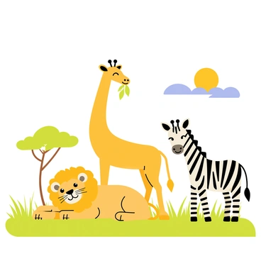 A lion lying down on the grass with a calm expression, its golden mane gently blowing in the breeze. Nearby, a tall giraffe is stretching its long neck towards the treetops, nibbling on green leaves. A zebra is standing close by, with its distinctive black and white stripes clearly visible, looking curiously at the other two animals. The sun is shining brightly in a clear blue sky, casting soft shadows on the open plains filled with tall grass and the occasional acacia tree. The scene captures a harmonious coexistence among the animals in the African savanna.