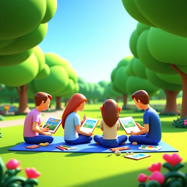 A team of illustrators sitting on the grass in a sunny park. Each illustrator has a sketchbook open, drawing various landscapes. There are art supplies scattered around them, including colored pencils, watercolor paints, and brushes. The park is filled with vibrant green trees, colorful flowers, and a clear blue sky overhead. Sunlight filters through the leaves, casting dappled shadows on the ground.
