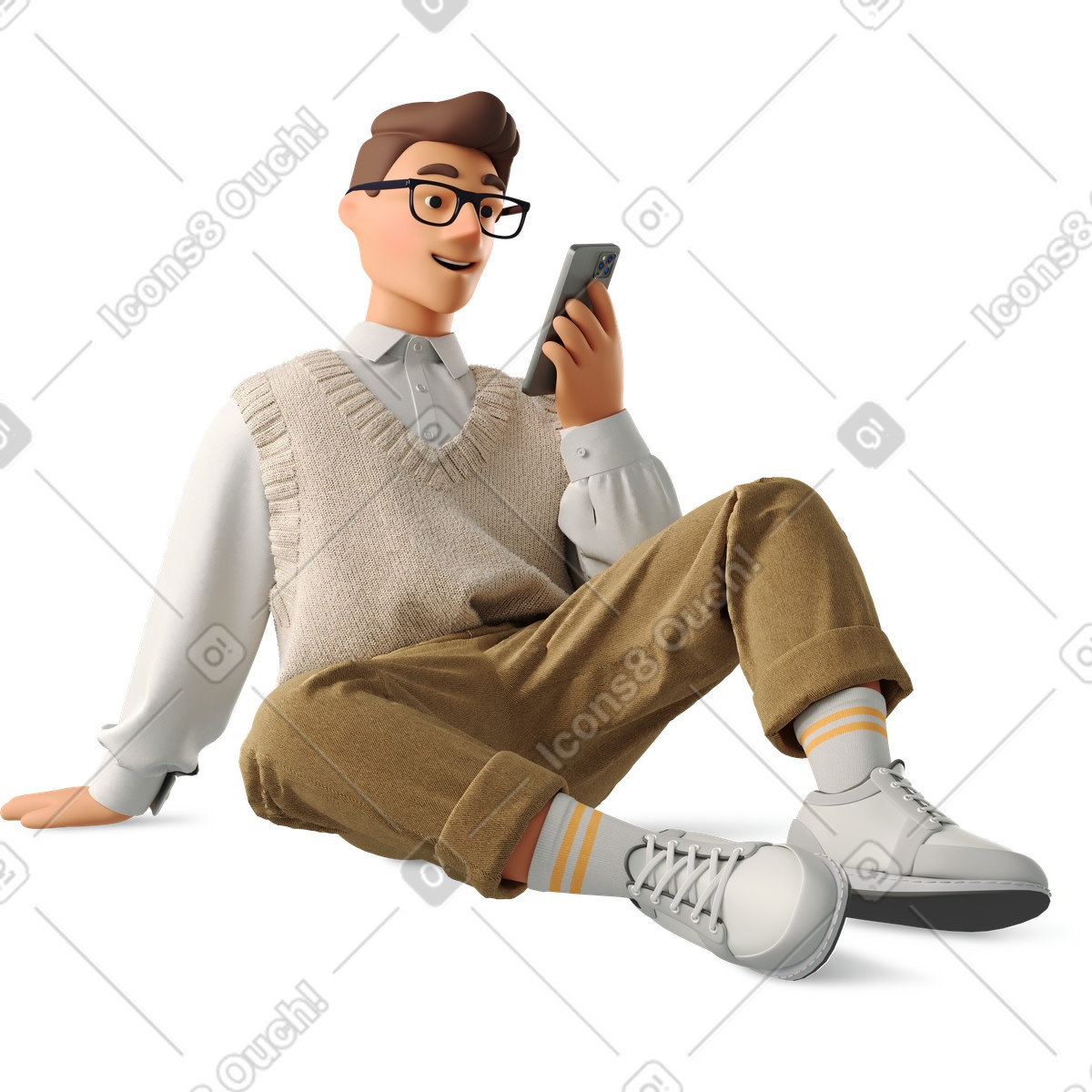 Ilustração de Young man in formal wear sitting on the floor with phone em no estilo 3D Business para baixar em PNG, SVG