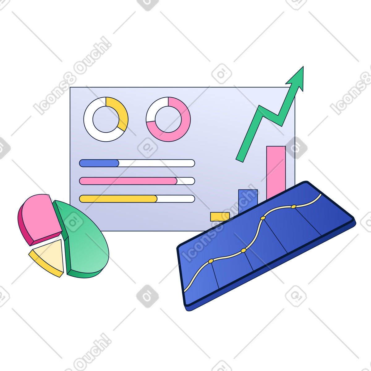 Dashboard with pie charts and growth arrow, Business performance analytics illustration in PNG, SVG