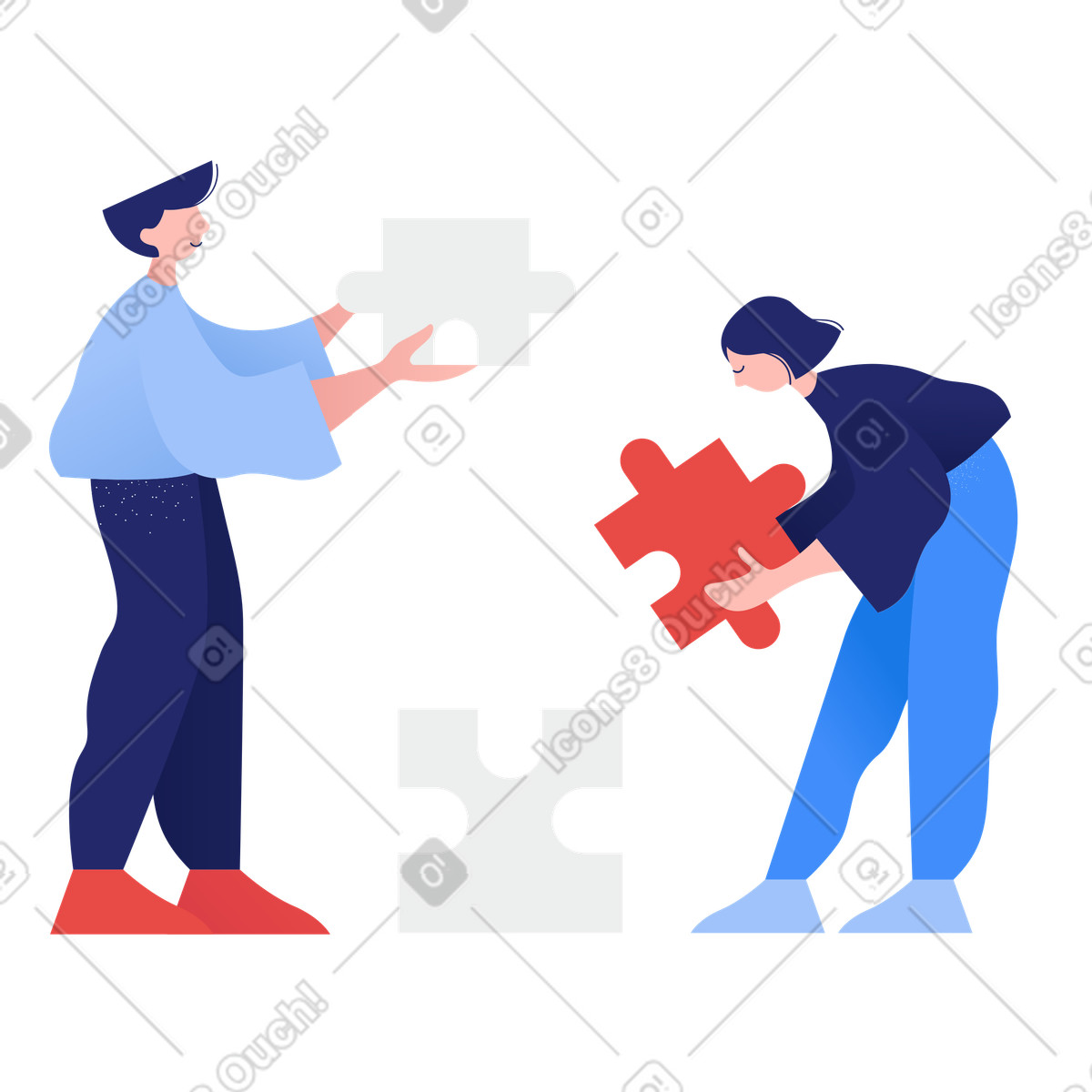 People putting together a jigsaw puzzle illustration in Clip style download in PNG, SVG