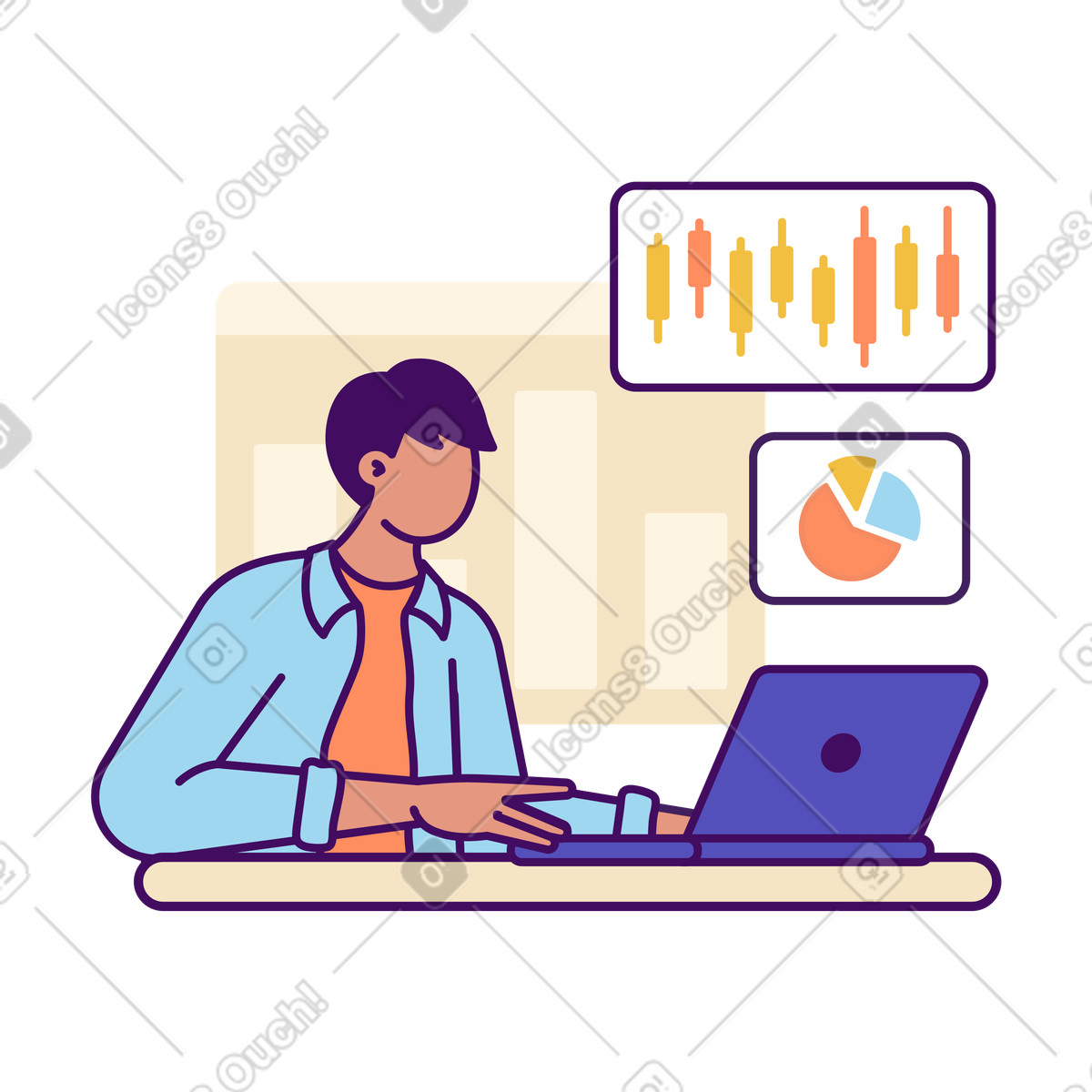 Commerciante di borsa che lavora al computer portatile con i grafici illustrazione animata in stile Simplistic scaricabile in GIF, Lottie (JSON), AE