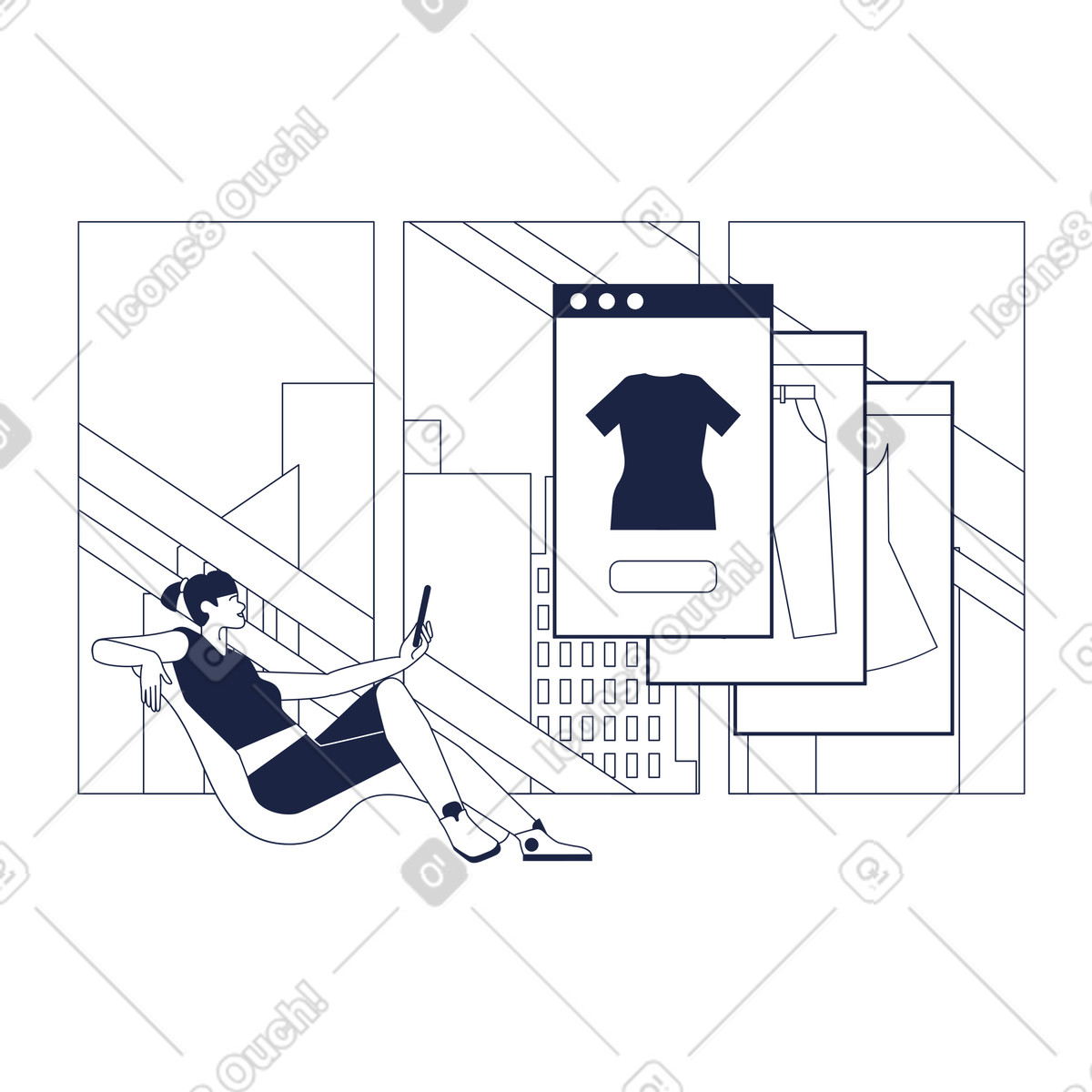 下载 Urban Line 风格的 女人在网上商店挑选衣服 插画，支持 PNG、SVG 格式
