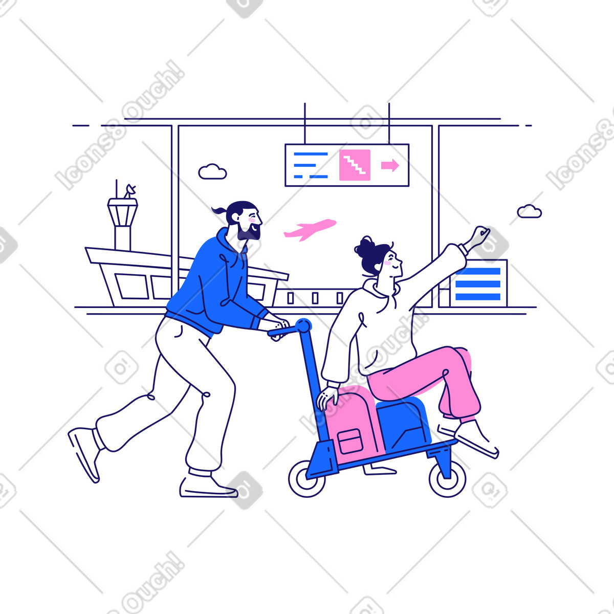 Ilustración Hombre y mujer se van de vacaciones en estilo Matey a descargar en PNG SVG