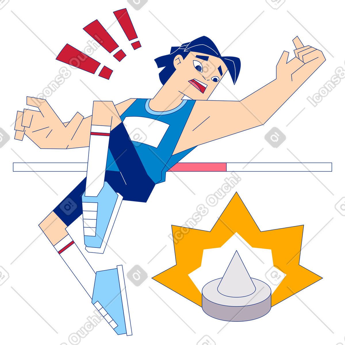 Neo-Sakura スタイルの Athlete falling over hurdle with spike below, Sports accident or failure concept のイラストをPNG、SVG形式でダウンロード