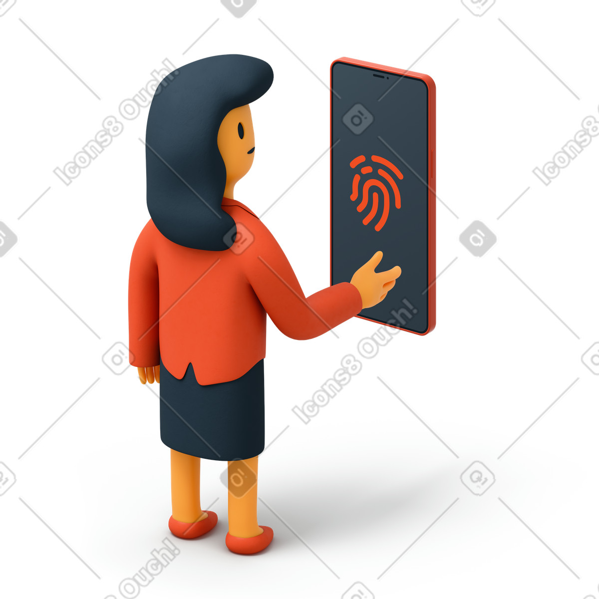 Ilustração de Mulher negócios usando um telefone com scanner impressão digital em no estilo 3D Flame para baixar em PNG, SVG