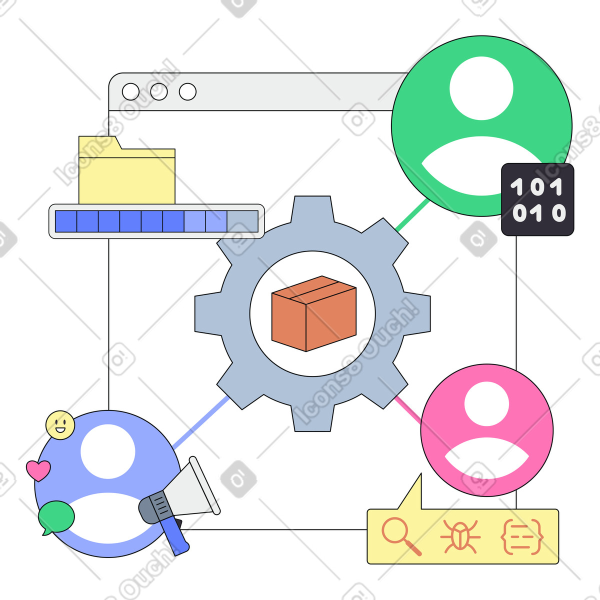 Visual map of cross-functional teamwork, Collaborative system for project execution, Integrated team process visualization illustration in PNG, SVG
