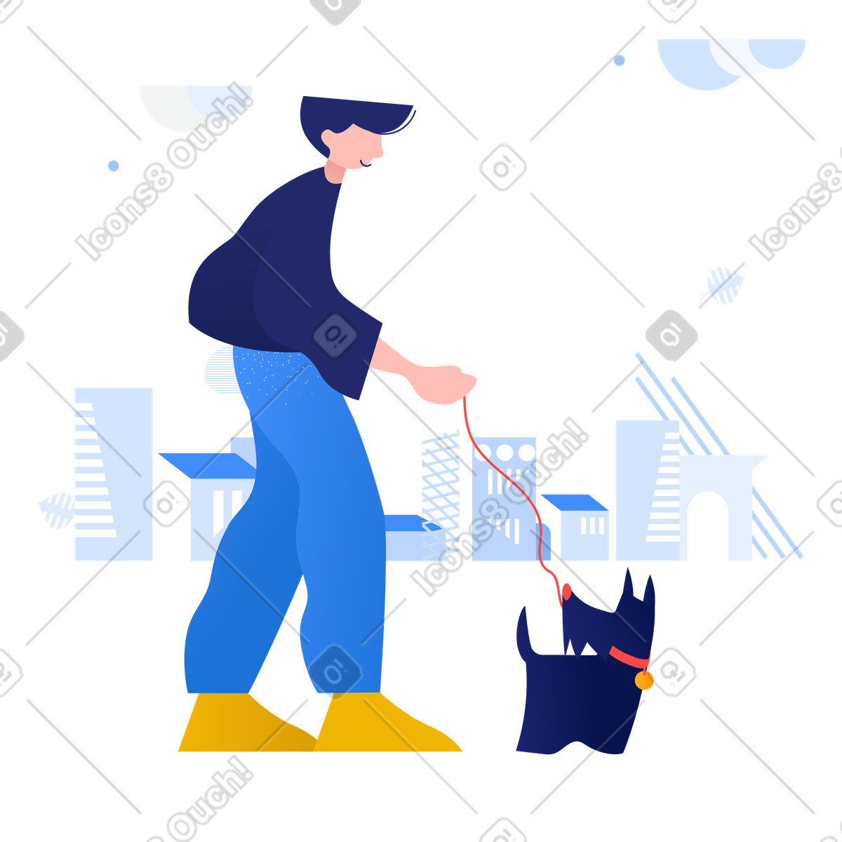 Healthy lifestyle and pet exercise, urban walk with dog on leash illustration in Clip style download in PNG, SVG