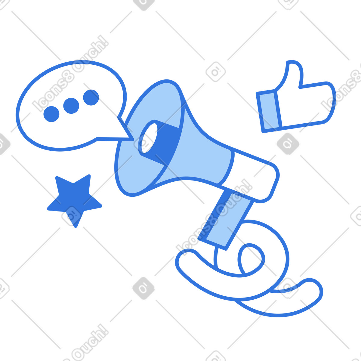 Megaphone with thumbs up, star and chat bubble, Social media announcement illustration in Sky style download in PNG, SVG