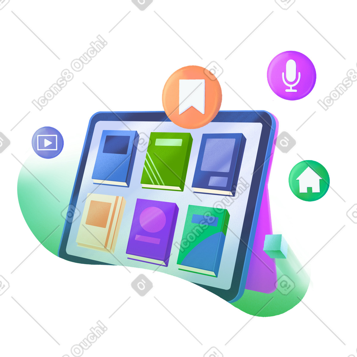 Tablet with six different e-books that you can save, read illustration in PNG, SVG
