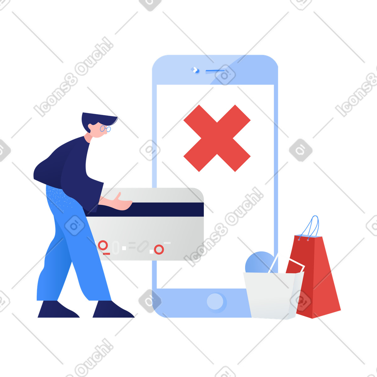 Clip 스타일의 Customer holding credit card with declined payment screen, Online transaction failed message 일러스트레이션 PNG, SVG 다운로드