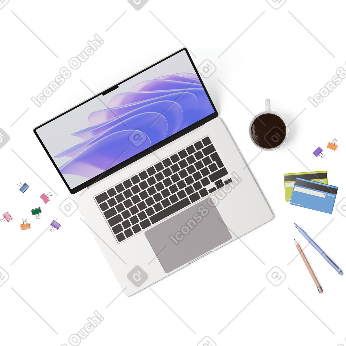 Vista dall'alto di laptop, carte credito, tazza, penna e matita illustrazione in stile 3D Hygge scarica in PNG, SVG