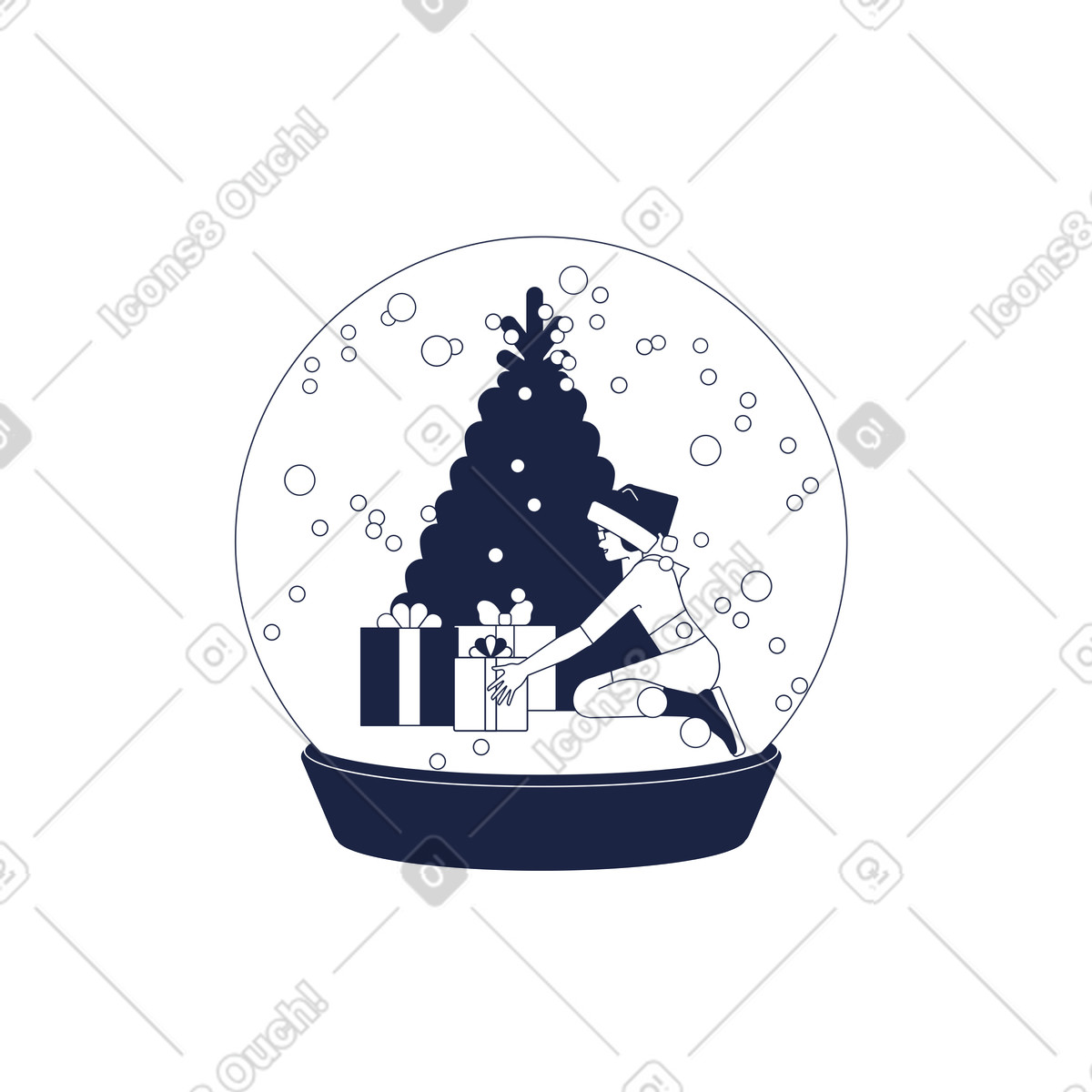 下载 Urban Line 风格的 有圣诞树和礼物的雪球里的女人 插画，支持 PNG、SVG 格式