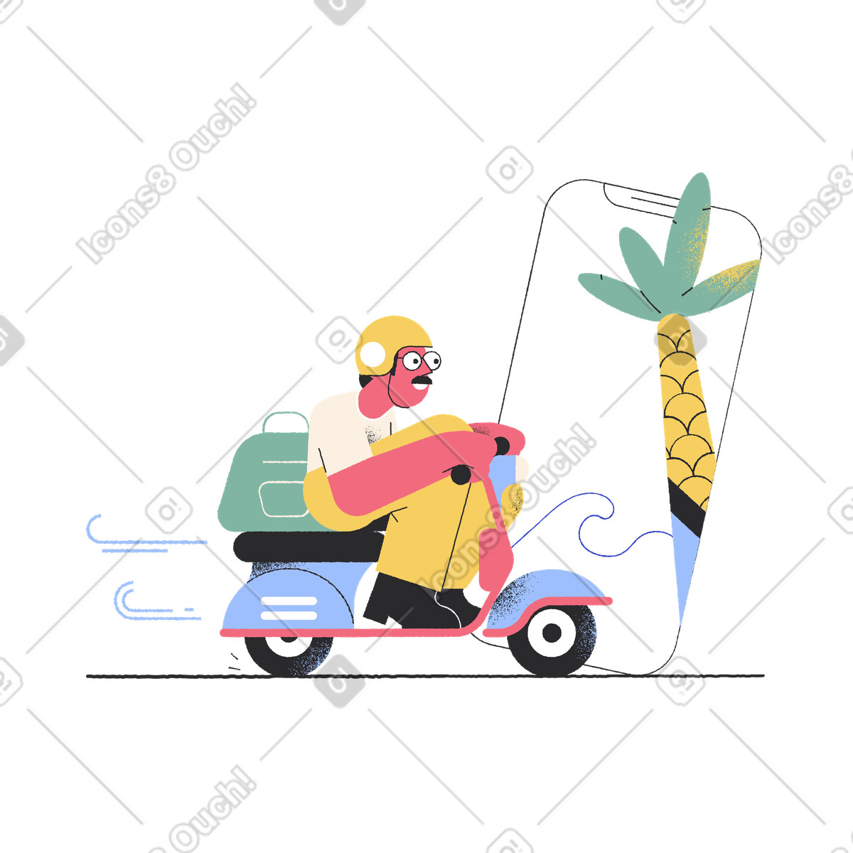 Illustration Un homme part en vacances scooter dans le style Pablo à télécharger aux formats PNG, SVG