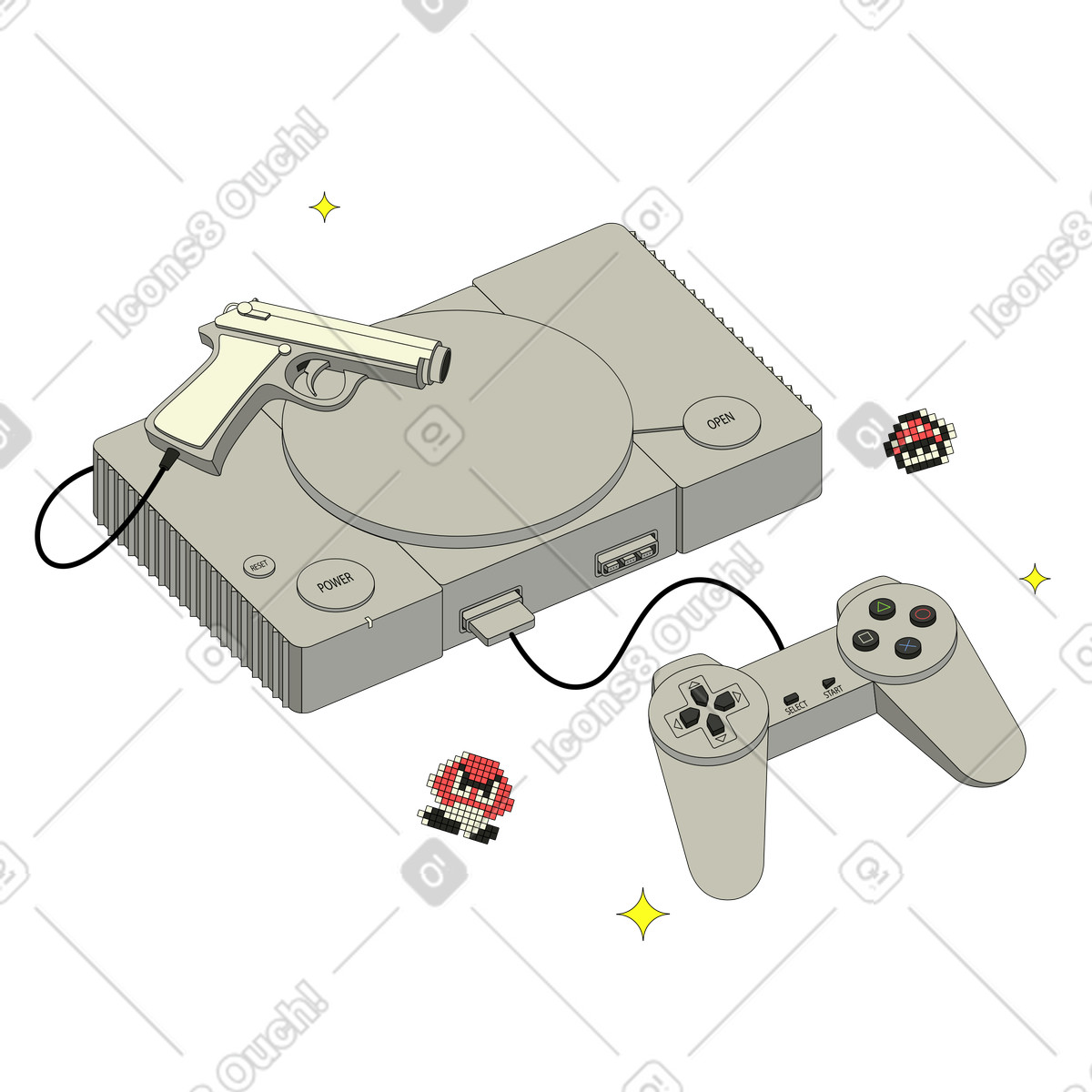 PlayStation Classic with controller and guncon from 1990s illustration in Retro style download in PNG, SVG