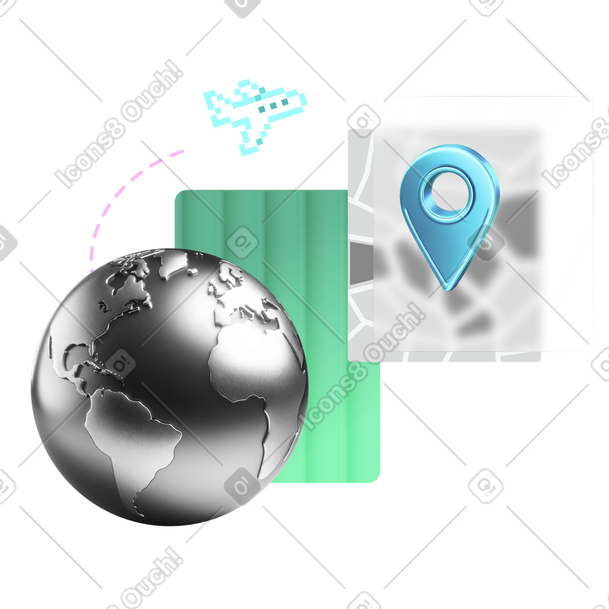 Ilustración Viajando con el planeta tierra, avión, pin de ubicación y mapa en estilo Chromed a descargar en PNG SVG