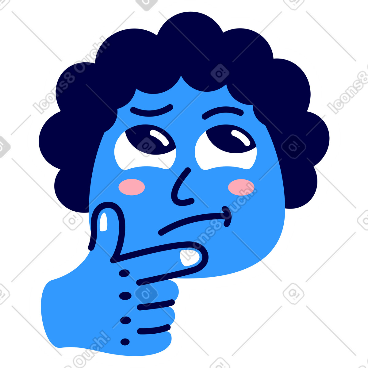 Ilustração animada de Cabeça pensativa com a mão em no estilo Rondy Stickers para baixar em GIF, Lottie (JSON), AE