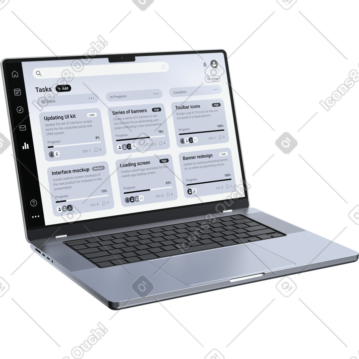 Project management laptop, Workflow planning software, Business task dashboard illustration in 3D Pro style download in PNG, SVG