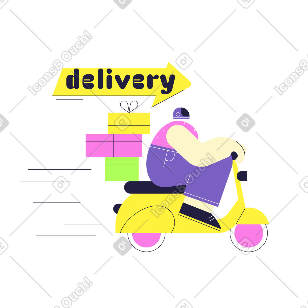 Ilustración Entrega de texto y un hombre lleva cajas en ciclomotor. estilo Mellow a descargar PNG SVG