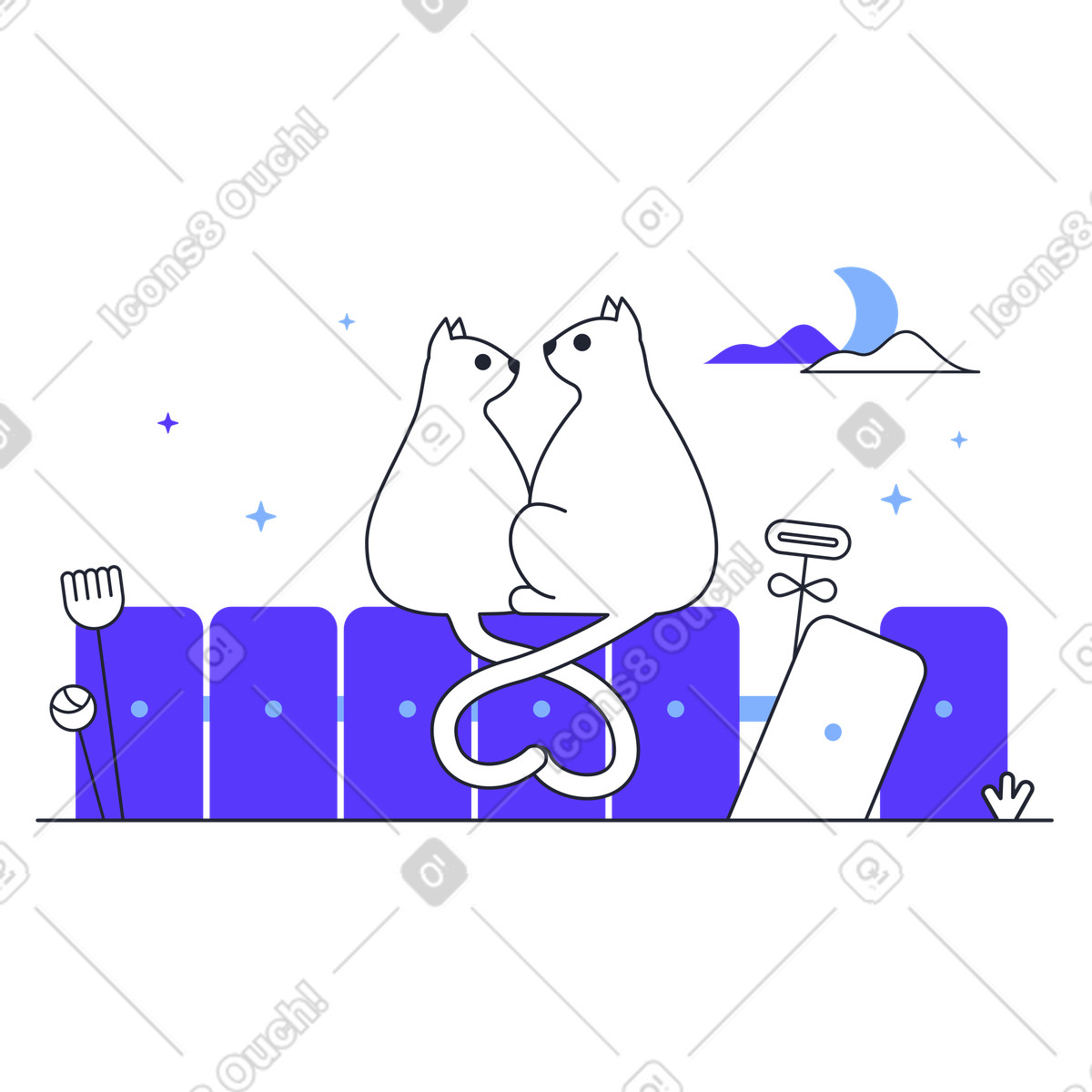 Due gatti seduti su una recinzione con code a forma di cuore illustration in PNG, SVG