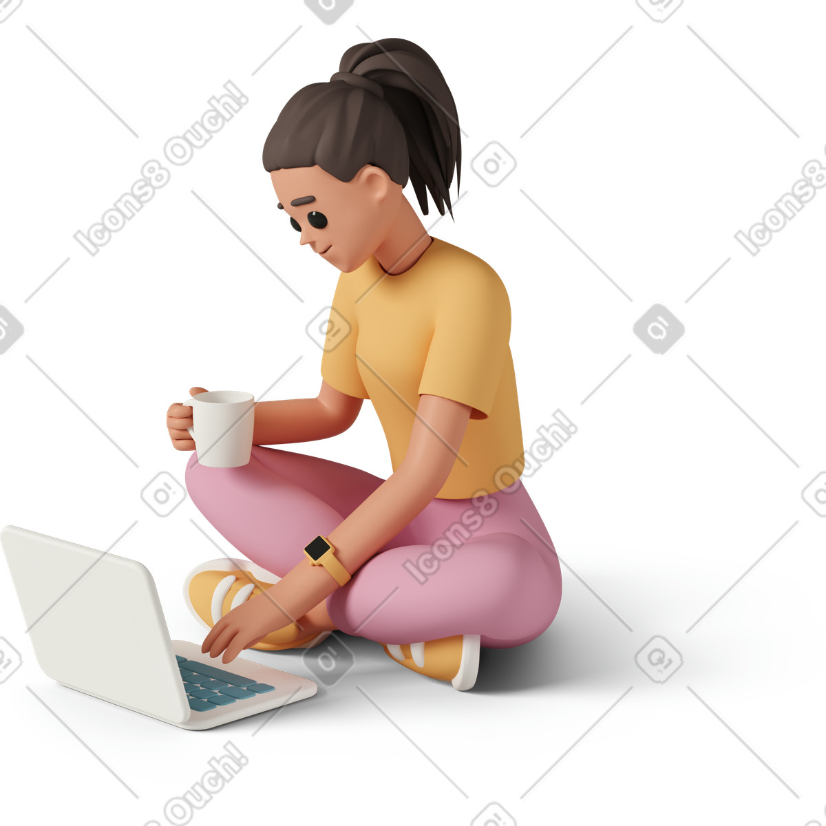 Ilustração de Working on laptop with coffee, remote work and productivity em no estilo 3D Casual life para baixar em PNG, SVG