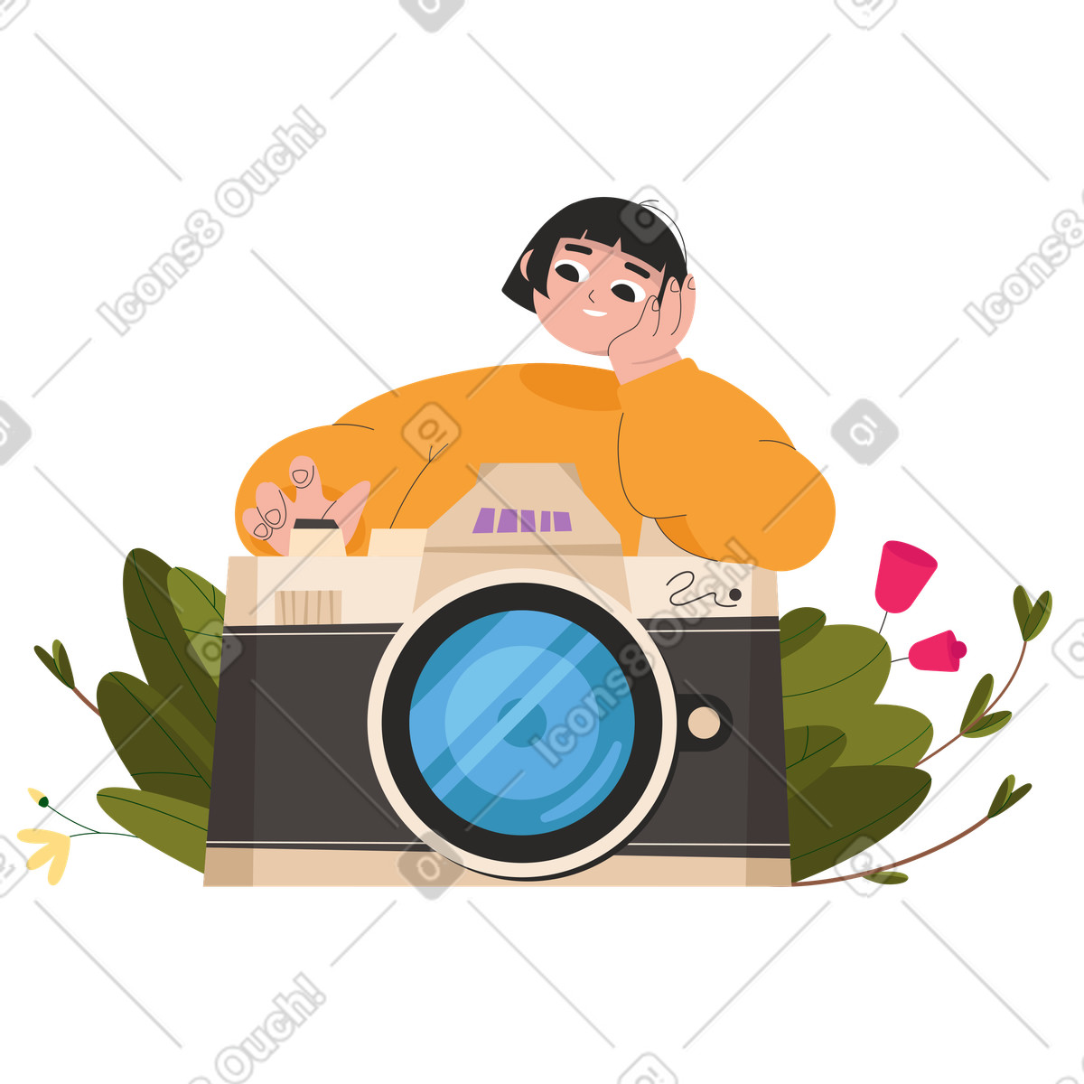 Ilustração de Garota tirando fotos com uma câmera grande flores e plantas em no estilo Dizzy para baixar em PNG, SVG
