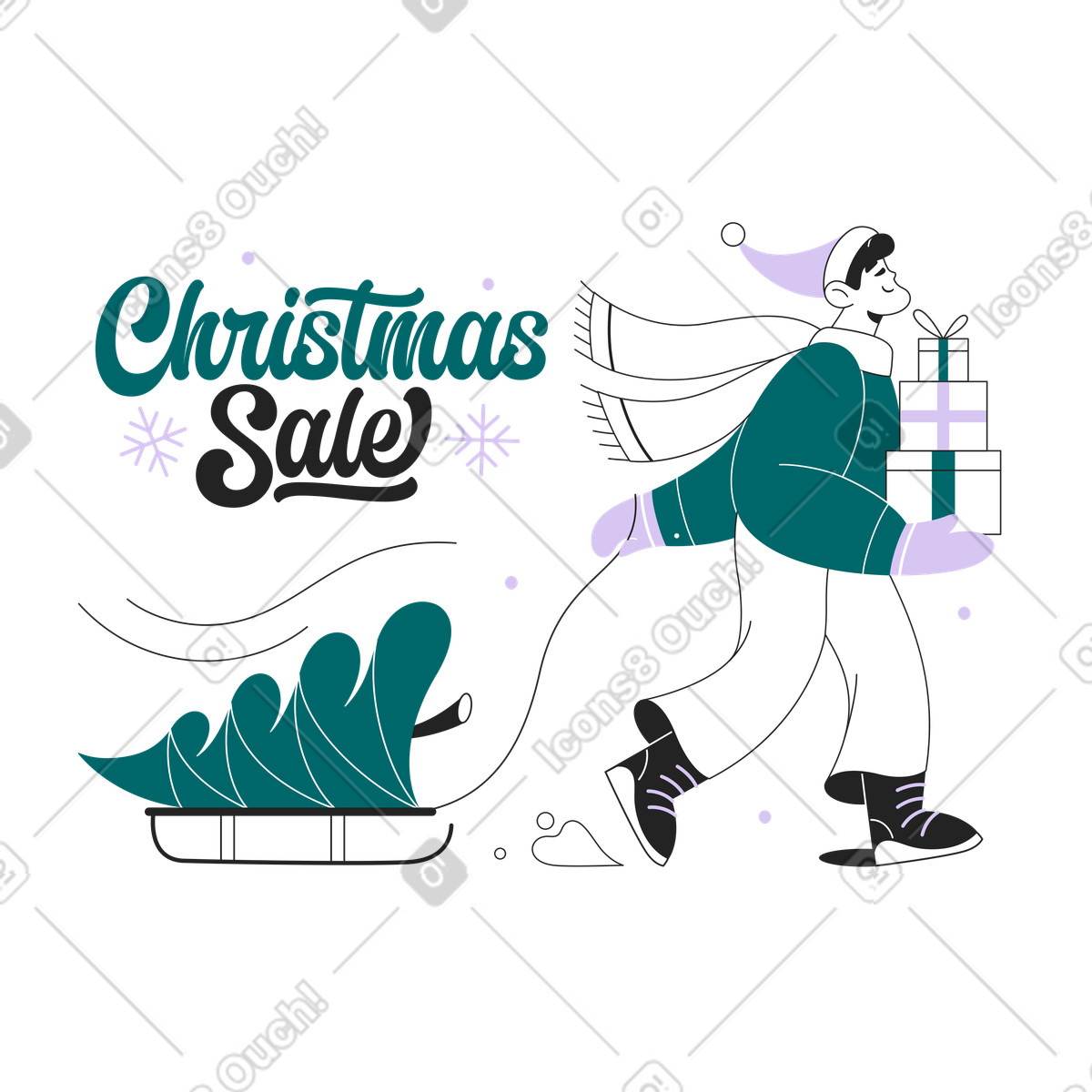 Shopper riding a sleigh with gifts and Christmas tree, Holiday sale announcement animated illustration in Sammy Line style download in GIF, Lottie (JSON), AE