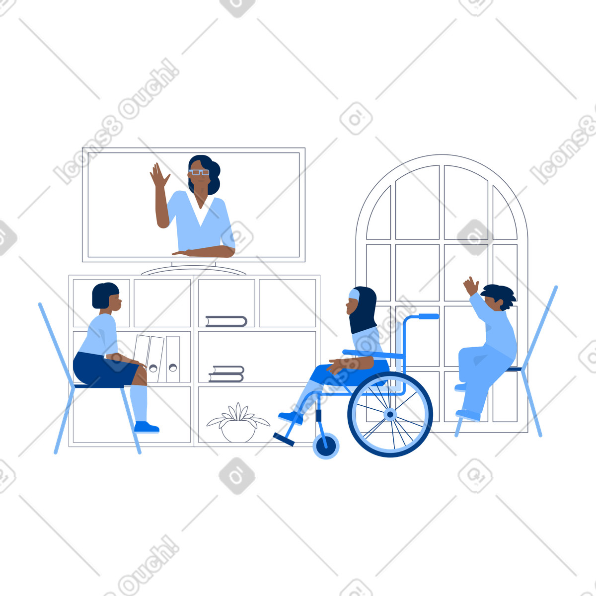 Students participating in virtual class, Inclusive online education illustrazione stile Urban scarica PNG, SVG