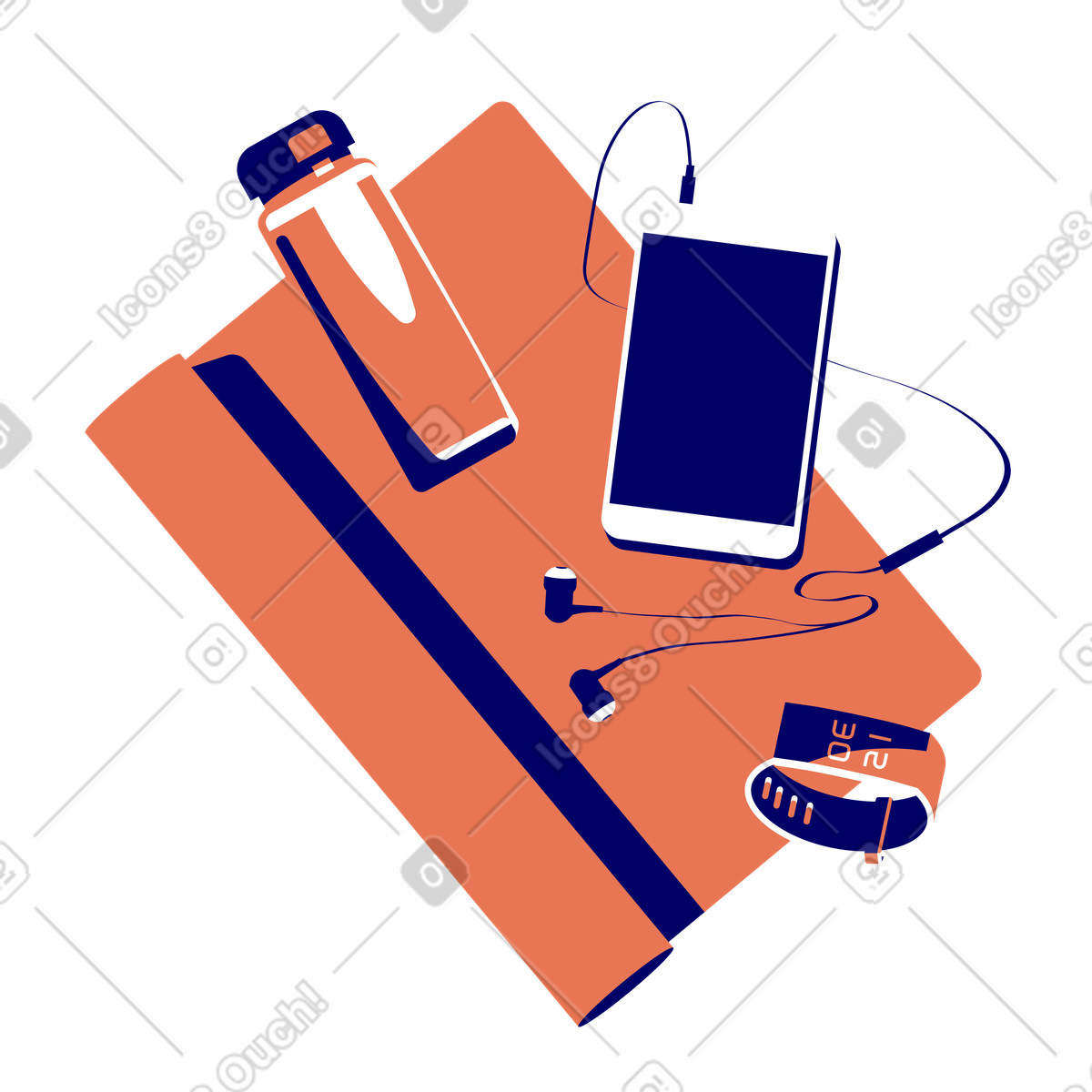 Illustration Tapis de yoga, tablette et bracelet fitness dans le style Lounge à télécharger aux formats PNG, SVG
