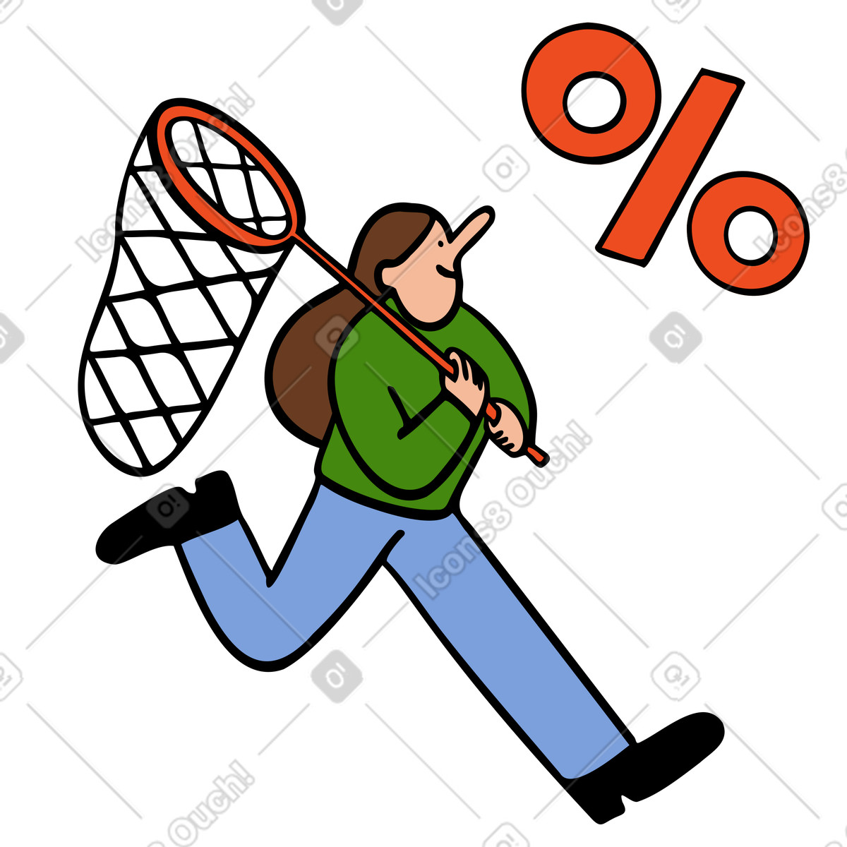 Ilustración Mujer buscando descuentos con una red en estilo Comic a descargar en PNG y SVG