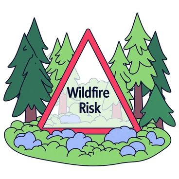A dense forest filled with tall evergreen trees and a variety of green foliage. Sunlight filters through the branches, creating dappled shadows on the forest floor. Overlaid on this scene is a transparent triangle shape, with the words "Wildfire Risk" inside in bold letters. The triangle is outlined in bright red to highlight the fire danger.