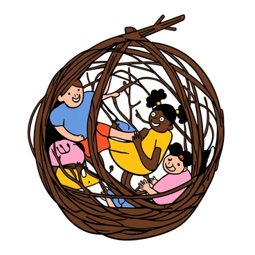 A group of children playing joyfully inside a large playground cage that resembles a giant bird's nest. The nest is made of intertwined branches and twigs, creating a cozy, intricate structure. There are three children: a light-skinned boy with short brown hair wearing a blue t-shirt and red shorts, a dark-skinned girl with big eyes and braided hair wearing a yellow dress, and a light-skinned girl with pigtails dressed in a pink outfit. They are climbing, laughing, and interacting with each other in a playful manner, with one child hanging from the top of the nest and another sliding down a small ramp inside. Bright sunlight filters through the gaps in the nest, casting playful shadows on their faces.