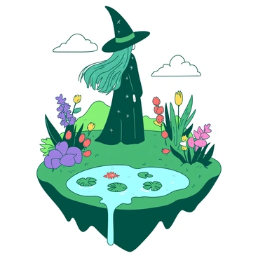 A teal witch with long flowing hair is standing on a green floating island. The witch is wearing a long black robe decorated with silver stars and a pointed hat. Surrounding her are various plants and flowers in a vibrant garden, with colorful blooms swaying gently in the breeze. In the center of the island, there is a small pond reflecting the sky, with lily pads floating on its surface. A few colorful fish can be seen swimming beneath the clear water. The island is surrounded by fluffy white clouds, adding to the enchanting atmosphere.