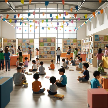A lively children's book fair taking place indoors in a spacious hall with colorful banners hanging from the ceiling. Various booths are filled with illustrated children's books displaying vibrant covers. Children of different ages and ethnicities are scattered throughout the area, some sitting on the floor with books open, while others are standing and eagerly flipping through pages. There are a few parents nearby, observing their children with smiles. The atmosphere is bright and engaging, with playful decorations and tables set up for activities related to reading.